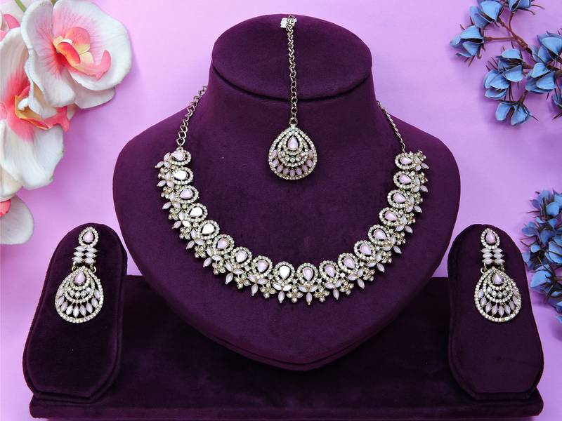 Pink yellow gold premium designer american diamond and stone work necklace set