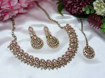 Pink yellow gold premium designer american diamond and stone work necklace set 2