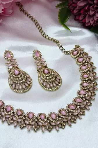 Pink yellow gold premium designer american diamond and stone work necklace set