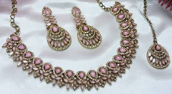 Pink yellow gold premium designer american diamond and stone work necklace set 3