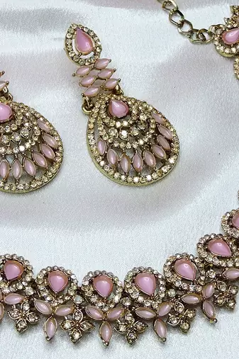 Pink yellow gold premium designer american diamond and stone work necklace set