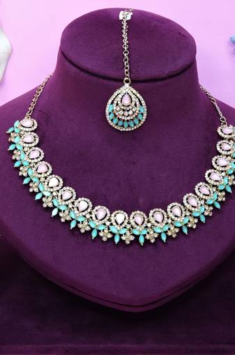 Green yellow gold premium designer american diamond and stone work necklace set