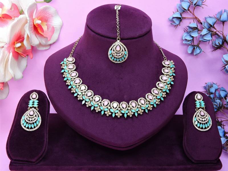 Green yellow gold premium designer american diamond and stone work necklace set