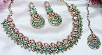 Green yellow gold premium designer american diamond and stone work necklace set 2