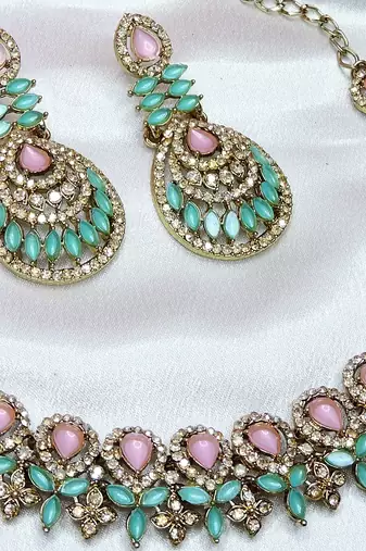 Green yellow gold premium designer american diamond and stone work necklace set