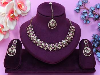 Purple yellow gold premium designer american diamond and stone work necklace set 1