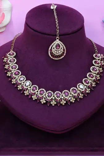 Purple yellow gold premium designer american diamond and stone work necklace set