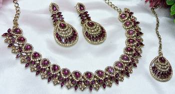 Purple yellow gold premium designer american diamond and stone work necklace set 2