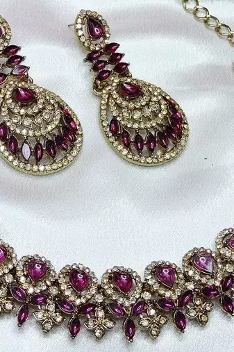 Purple yellow gold premium designer american diamond and stone work necklace set