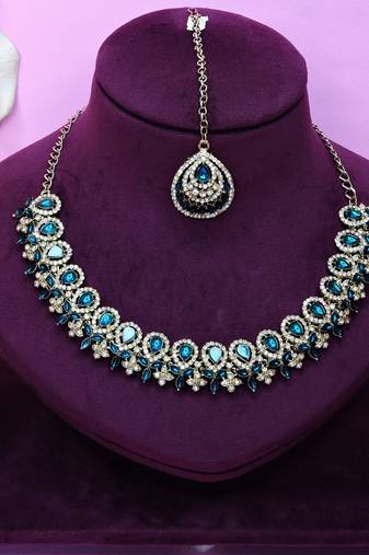Blue yellow gold premium designer american diamond and stone work necklace set