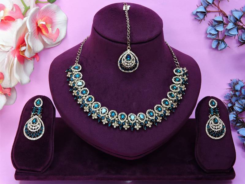 Blue yellow gold premium designer american diamond and stone work necklace set