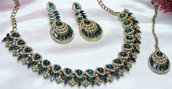 Blue yellow gold premium designer american diamond and stone work necklace set 2