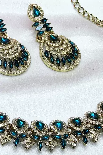 Blue yellow gold premium designer american diamond and stone work necklace set