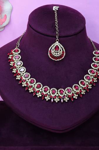 Pink yellow gold premium designer american diamond and stone work necklace set
