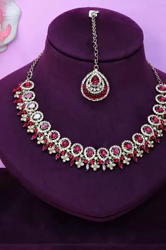 Pink yellow gold premium designer american diamond and stone work necklace set