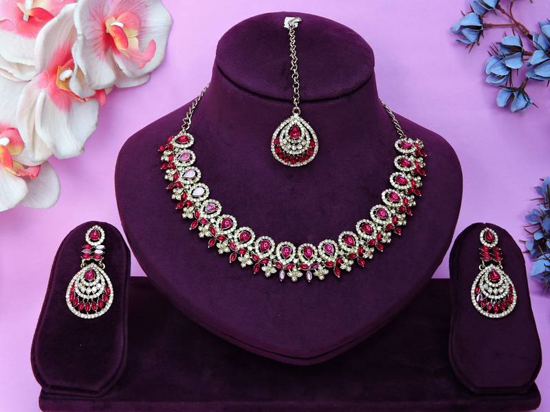 Pink yellow gold premium designer american diamond and stone work necklace set