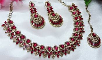 Pink yellow gold premium designer american diamond and stone work necklace set 2
