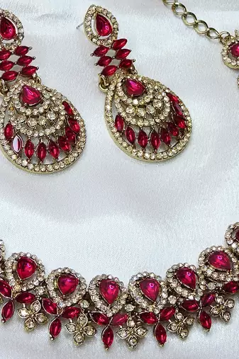 Pink yellow gold premium designer american diamond and stone work necklace set