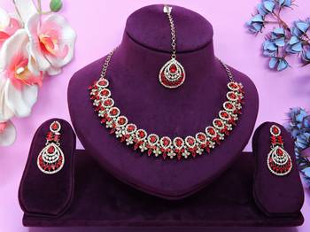 Red yellow gold premium designer american diamond and stone work necklace set 1