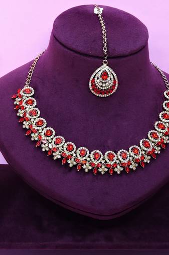 Red yellow gold premium designer american diamond and stone work necklace set
