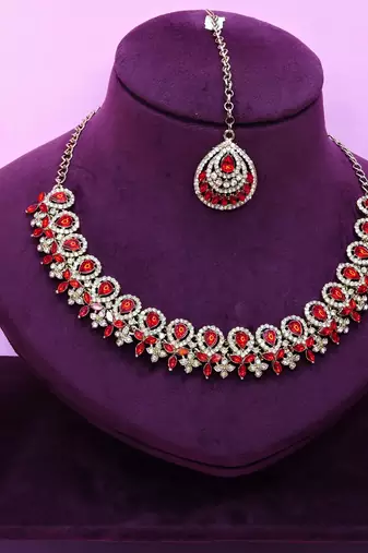 Red yellow gold premium designer american diamond and stone work necklace set