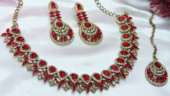 Red yellow gold premium designer american diamond and stone work necklace set 2