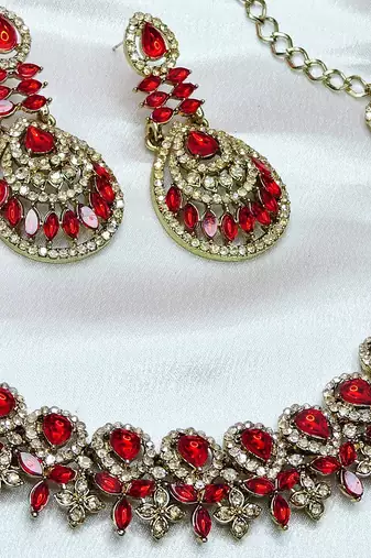 Red yellow gold premium designer american diamond and stone work necklace set