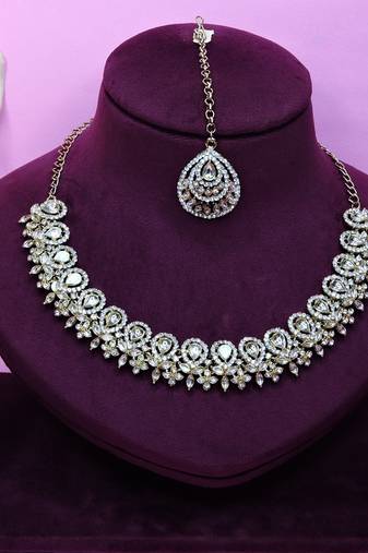 White yellow gold premium designer american diamond and stone work necklace set