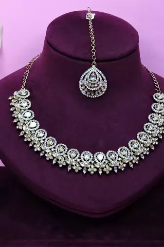 White yellow gold premium designer american diamond and stone work necklace set