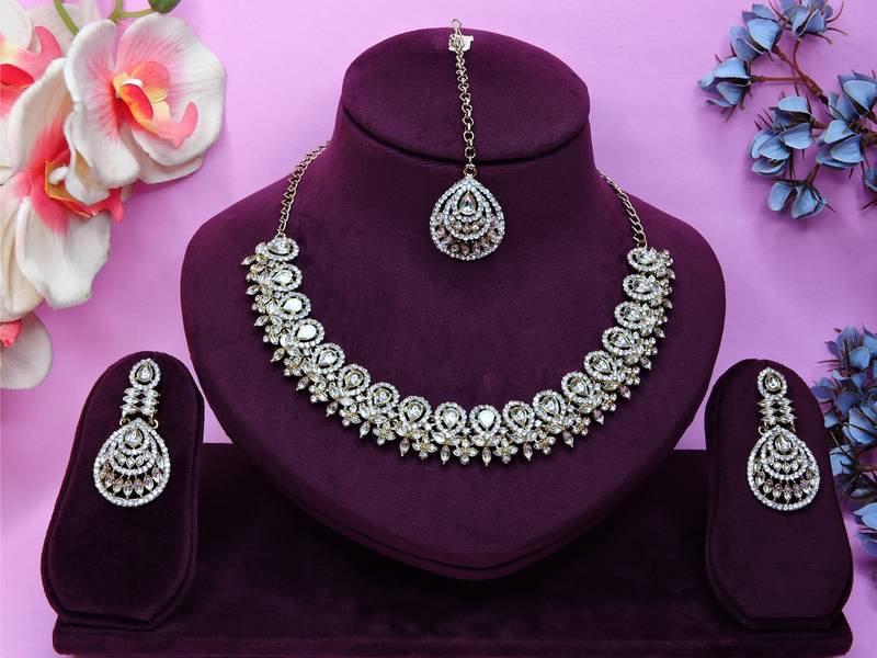 White yellow gold premium designer american diamond and stone work necklace set