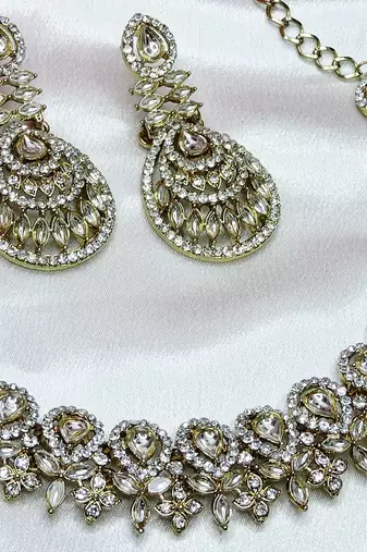 White yellow gold premium designer american diamond and stone work necklace set