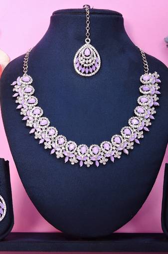 Purple rhodium premium designer american diamond and stone work necklace set