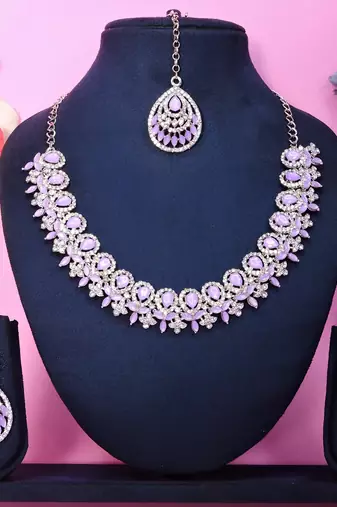 Purple rhodium premium designer american diamond and stone work necklace set