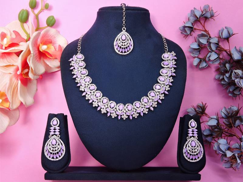 Purple rhodium premium designer american diamond and stone work necklace set