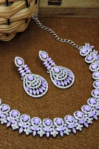 Purple rhodium premium designer american diamond and stone work necklace set