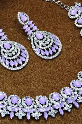 Purple rhodium premium designer american diamond and stone work necklace set
