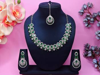 Green rhodium premium designer american diamond and stone work necklace set 1
