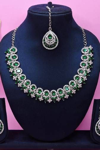 Green rhodium premium designer american diamond and stone work necklace set
