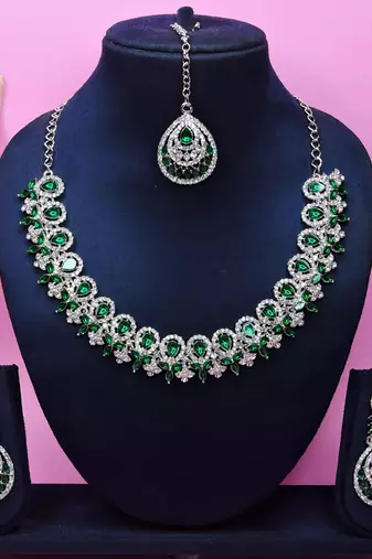Green rhodium premium designer american diamond and stone work necklace set