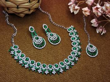 Green rhodium premium designer american diamond and stone work necklace set 2