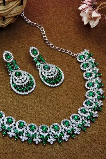 Green rhodium premium designer american diamond and stone work necklace set