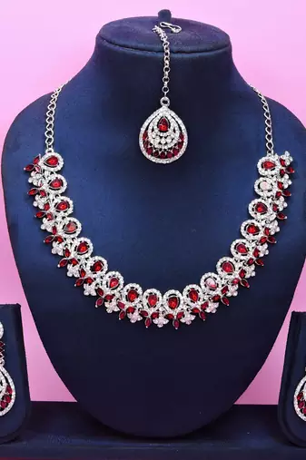 Maroon rhodium premium designer american diamond and stone work necklace set
