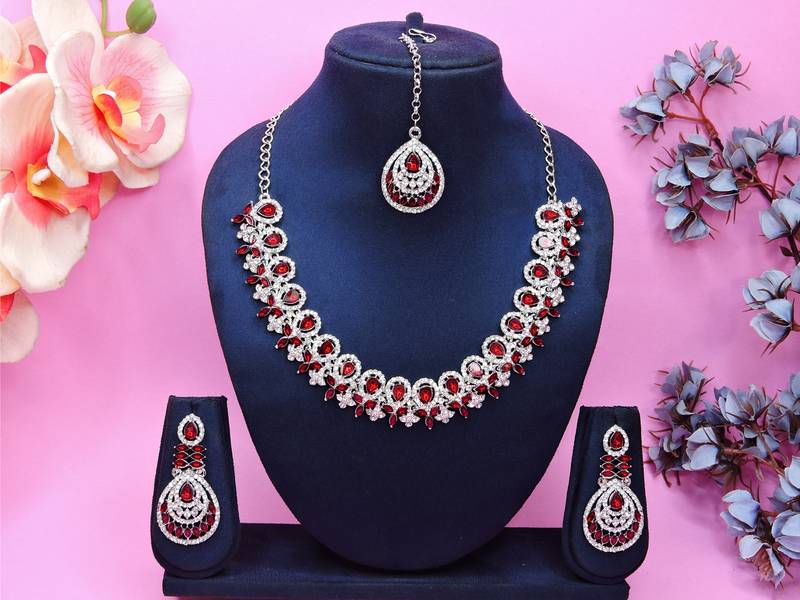 Maroon rhodium premium designer american diamond and stone work necklace set