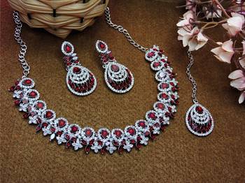 Maroon rhodium premium designer american diamond and stone work necklace set 2