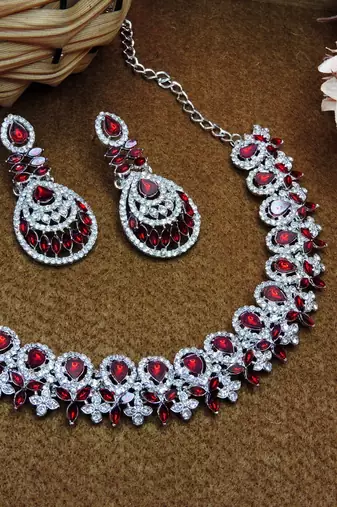 Maroon rhodium premium designer american diamond and stone work necklace set