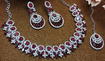 Maroon rhodium premium designer american diamond and stone work necklace set 3