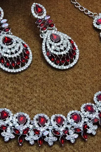 Maroon rhodium premium designer american diamond and stone work necklace set