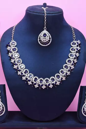 Blue rhodium premium designer american diamond and stone work necklace set