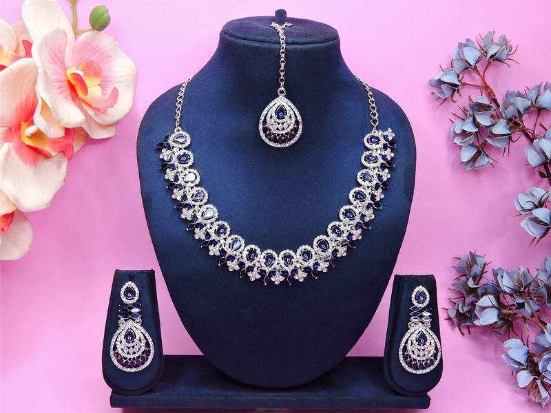 Blue rhodium premium designer american diamond and stone work necklace set