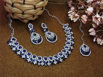 Blue rhodium premium designer american diamond and stone work necklace set 2
